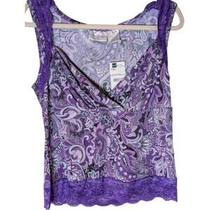 Vintage Womens Y2K Babydoll Top Size XL Lace Paisley Stretch Grunge Purple 90s